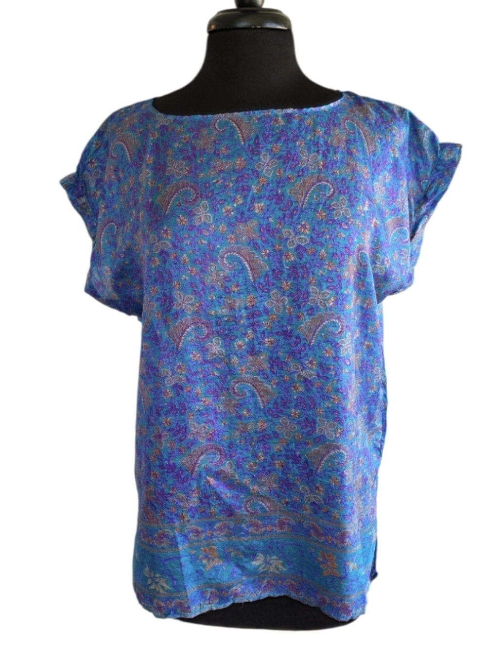 Matta Silk Top M Boho Chic Summer Lightweight  Blue Paisley Short-Sleeve Blouse